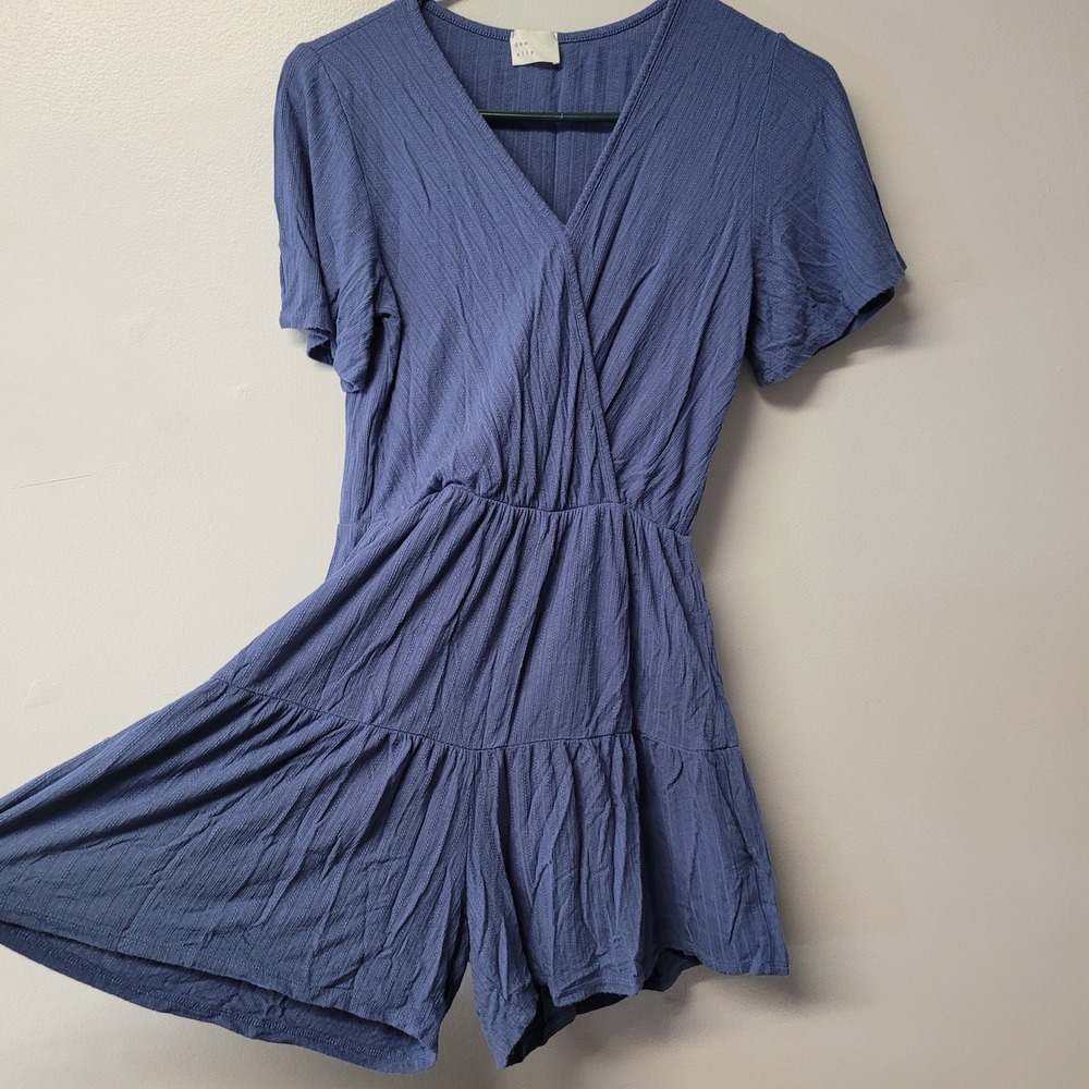 Dee Elly Womens Blue Ribbed Surplice Romper R7DK2327-W‎ Stretch Small